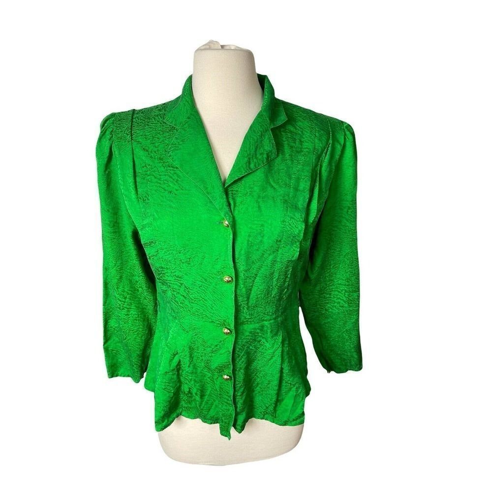 argenti petites vintage 100% silk Secretary blouse green button down